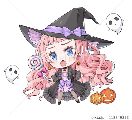 ロリポップを持つピンク髪のハロウィンの魔女【アニメ風のちびキャラ】 ロリポップを持つピンク髪のハロウィンの魔女【アニメ風のちびキャラ】 118849858