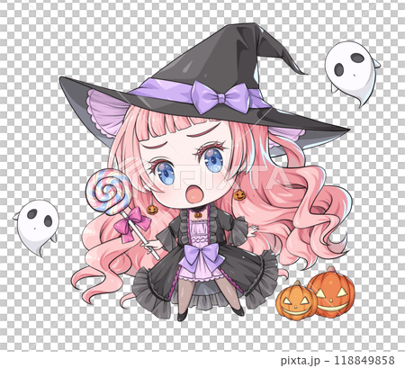 Pink-haired Halloween witch holding a lollipop [Anime-style chibi character] 118849858