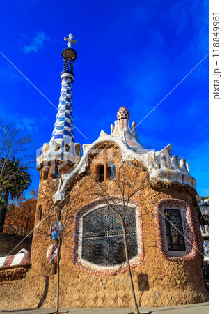 Fairytale gingerbread house in Park Guell designed by Antoni Gaudi in Barcelona, Spain Fairytale gingerbread house in Park Guell designed by Antoni Gaudi in Barcelona, Spain 118849961