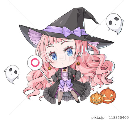 マルバツ棒を持つピンク髪のハロウィンの魔女【アニメ風のちびキャラ】 118850409