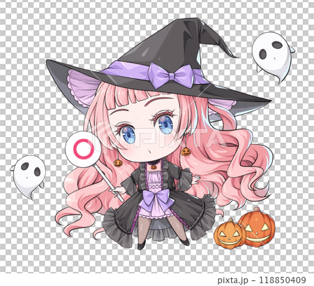 Pink-haired Halloween witch holding a cross-shaped stick [anime-style chibi character] 118850409
