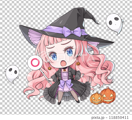 Pink-haired Halloween witch holding a cross-shaped stick [anime-style chibi character] 118850411