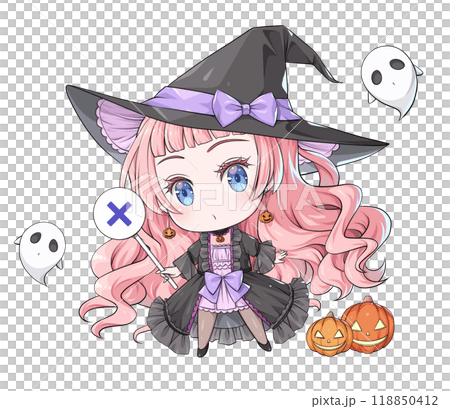 Pink-haired Halloween witch holding a cross-shaped stick [anime-style chibi character] 118850412