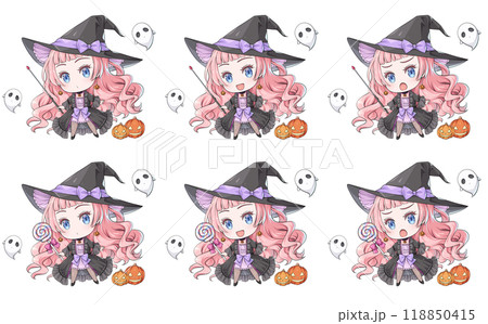 指し棒やロリポップを持つピンク髪のハロウィンの魔女【アニメ風ちびキャラセット】 118850415