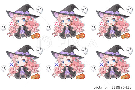 マルバツ棒を持つピンク髪のハロウィンの魔女【アニメ風ちびキャラセット】 118850416