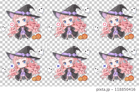 マルバツ棒を持つピンク髪のハロウィンの魔女【アニメ風ちびキャラセット】 118850416