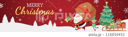 Merry Christmas banner design. Xmas party invitation template with Santa Claus holding huge gift bag, cute elf, fir tree, sleigh with gift boxes, winter forest and snowflakes fly. Vector illustration. 118850452