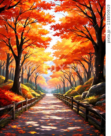 秋の紅葉に染まる並木道のイラスト素材 [118850619] - PIXTA