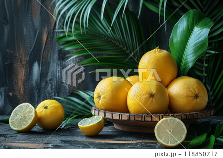 Sukkot holiday symbols etrog, palm branches, myrtle on table 118850717