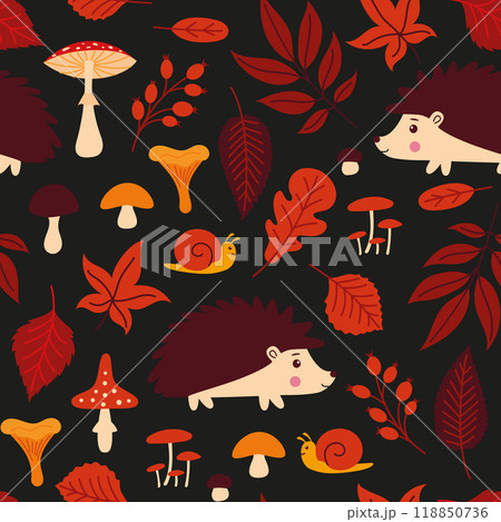 A pattern with autumn leaves, hedgehogs and mushrooms A pattern with autumn leaves, hedgehogs and mushrooms 118850736