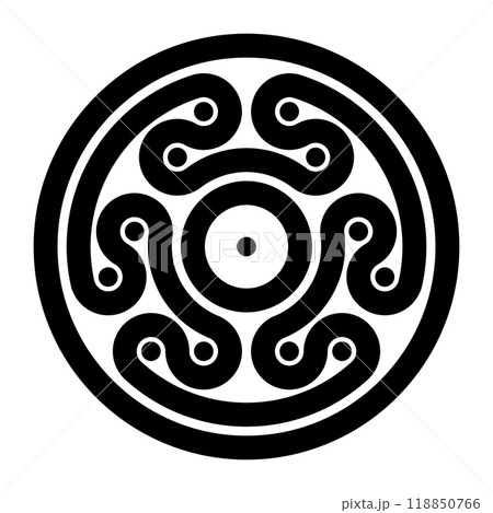 Looped ribbon motif in Minoan style of Ancient Greece. A multiple curved band with black dots surrounded by a bold border. Found on Mycenaean gold ornament, engraved on gold discs from about 1350 BC. Looped ribbon motif in Minoan style of Ancient Greece. A multiple curved band with black dots surrounded by a bold border. Found on Mycenaean gold ornament, engraved on gold discs from about 1350 BC. 118850766