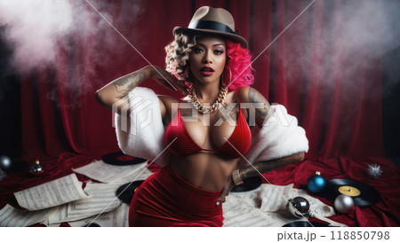 Confident Singer in Retro Glamorous Style with Music Notes and Records Confident Singer in Retro Glamorous Style with Music Notes and Records 118850798