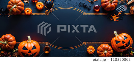 Halloween background presenting copy space decorated with pumpkins, golden frame and spooky ornaments for your advertising 118850862