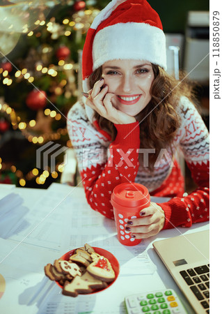 business owner woman in green office with Christmas tree 118850879