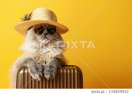 Stylish fluffy cat relaxing on suitcase, yellow background, copy space. Travel concept Generative AI 118850932