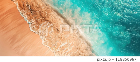 Banner of vibrant ocean waves gently lapping against sandy shoreline during sunny day. Generative AI 118850967