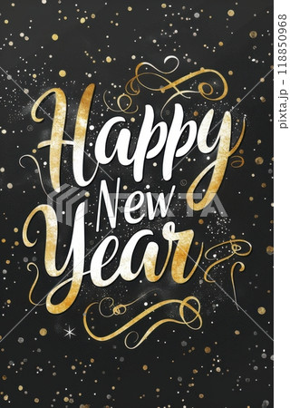 Happy New Year phrase with gold and silver decorations on a dark vertical background. Generative AI 118850968
