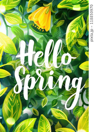 Bright yellow flower and green leaves with a Hello Spring greeting in springtime. Generative AI 118850970