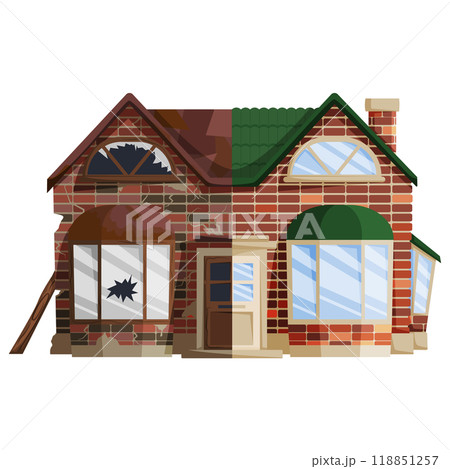 Renovation concept. Shows a house split into two halves the left side is old and damaged with cracks and broken windows, and the right side is modernized and repaired. Ideal for home improvement 118851257