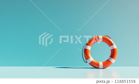 Orange lifebuoy on light turquoise background with shadow, minimalist concept of safety 118851558