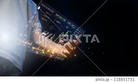 Stock market, business data analysis, Businessman, finance analyst analyzing business data report and stock market trading graph with economic growth chart, Business background, market research 118851731