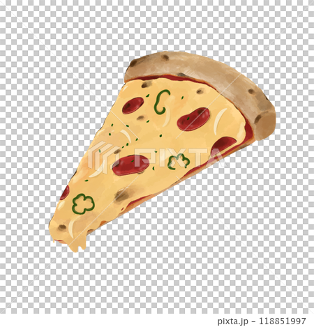 一般的なピザのシンプルイラスト【ピーマン_玉ねぎ_サラミ】一切れ 一般的なピザのシンプルイラスト【ピーマン_玉ねぎ_サラミ】一切れ 118851997