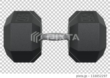 Hex Dumbbell with numbers 50, weightlifting gym equipment side view 118852297