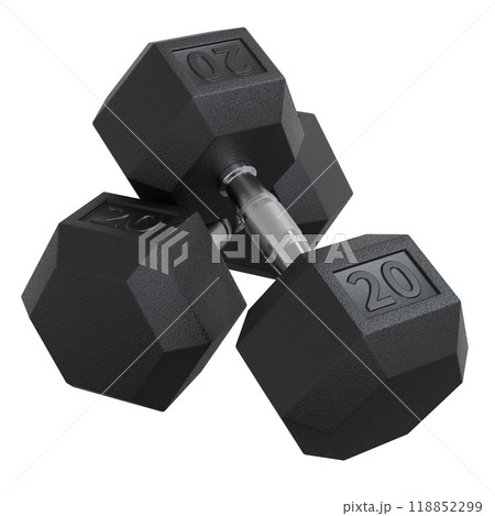 Two Hex Dumbbells with number 20, weightlifting gym equipment 118852299