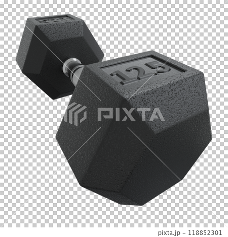 Hex Dumbbell with numbers 12.5, weightlifting gym equipment wide angle view Hex Dumbbell with numbers 12.5, weightlifting gym equipment wide angle view 118852301