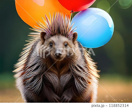 A hedgehog holds colorful balloons in a vibrant outdoor setting during a sunny afternoon. Generative AI 118852314