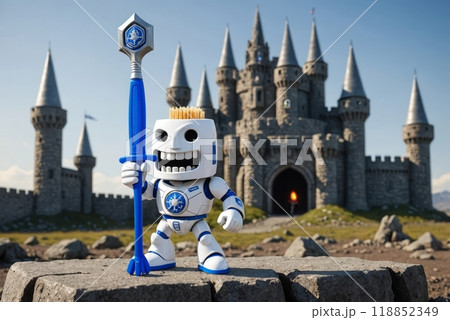 A cheerful character stands proudly with a staff in front of a majestic stone castle on a sunny day. Generative AI 118852349