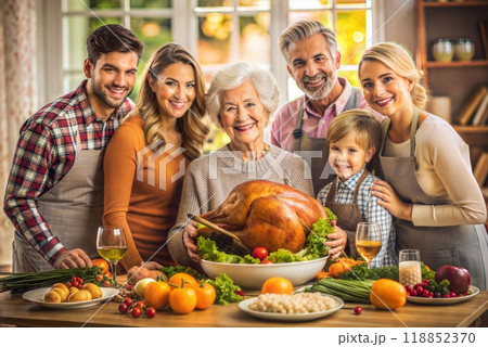 Family celebrating Thanksgiving Day at home. Family with big baked turkey 118852370