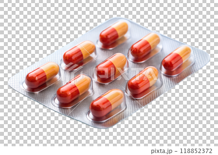 Medical pills in blister pack isolated on white background. Metal tablet blister. Silver blister with drugs 118852372