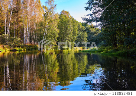 Tranquil River Reflections of Autumn Trees 118852481