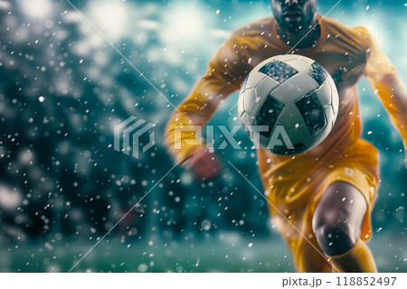A football player dribbles the ball during a championship game, moments of the game, concept space A football player dribbles the ball during a championship game, moments of the game, concept space 118852497