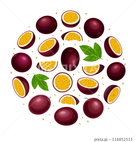 Passion Fruit Round Composition Design with Exotic Berry Vector Template 118852513