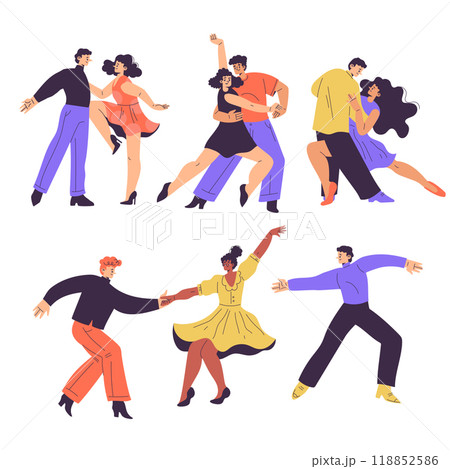 Partner Dance with Man and Woman Character Moving Body to Music Vector Set 118852586