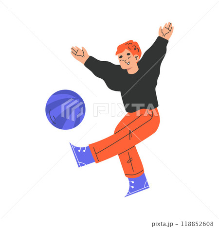 Funny Boy Character Kicking Ball with Foot Playing Vector Illustration 118852608
