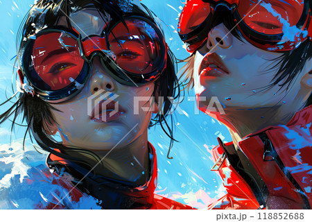 Portrait with an artistic portrait of two girls in anime style in red retro glasses, pensive look of teenagers against the backdrop of a soft blue sky, Children's Day poster Portrait with an artistic portrait of two girls in anime style in red retro glasses, pensive look of teenagers against the backdrop of a soft blue sky, Children's Day poster 118852688
