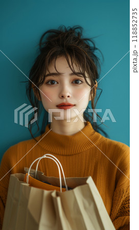Vertical poster with a beautiful girl with a shopping bag on a blue background, concept for advertising Black Friday and seasonal sales 118852735