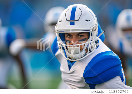 Student football team match, portrait of an athlete during the game natural light on a bright sunny day 118852763