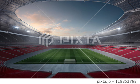 View of a football stadium from the height of the upper stands, preparation for a competition or championship 118852768