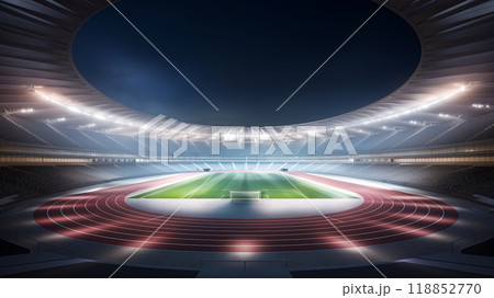Stadium for athletics or football competitions, night view of the stadium in the light of floodlights, preparation for a competition or championship Stadium for athletics or football competitions, night view of the stadium in the light of floodlights, preparation for a competition or championship 118852770