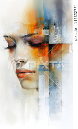 Vertical banner with a young beautiful model, multi-colored bright strokes of paint on canvas, cosmetics advertising concept 118852774