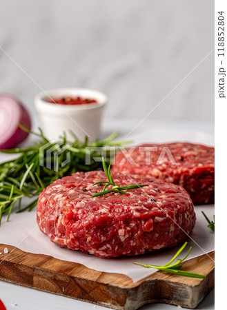 Two raw burger patties on crumpled parchment paper, vertical poster with space for advertising and concept about healthy wholesome food, products from own farms Two raw burger patties on crumpled parchment paper, vertical poster with space for advertising and concept about healthy wholesome food, products from own farms 118852804