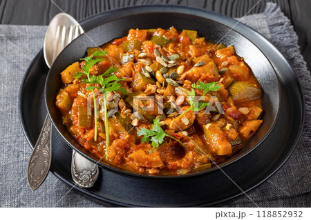 healthy zucchini stew in tomato sauce, top view healthy zucchini stew in tomato sauce, top view 118852932