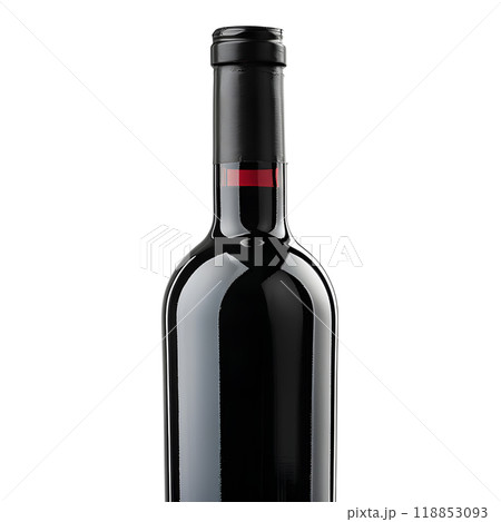 Glass bottle of red wine with a distinctive red stripe Glass bottle of red wine with a distinctive red stripe 118853093