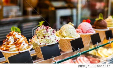 Showcase in a cafe with different types of fruit lactose-free ice cream, signs for the price and names of the dessert 118853237