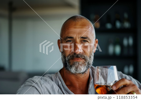 Portrait of a man with a glass of red wine, close-up Portrait of a man with a glass of red wine, close-up 118853354