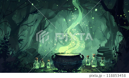 Halloween Background Featuring Bubbling Cauldron Green Mist Potion Bottles and Spell Books in Dark Spooky Forest with Subtle Coloring Hand Drawn Art 118853458